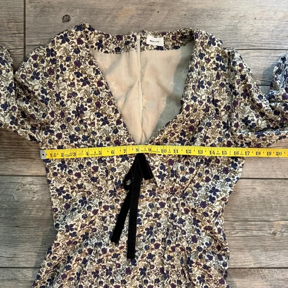 Aureum Floral Cotton V-Neck Mini Dress with Velvet Bow Purple Tan AD1744 Small - Picture 9 of 9